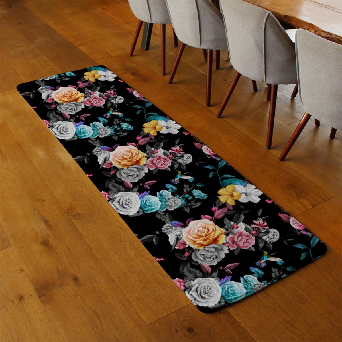 Humming Bird Roses Peony With Leaves Runner Rug - Black – image 3