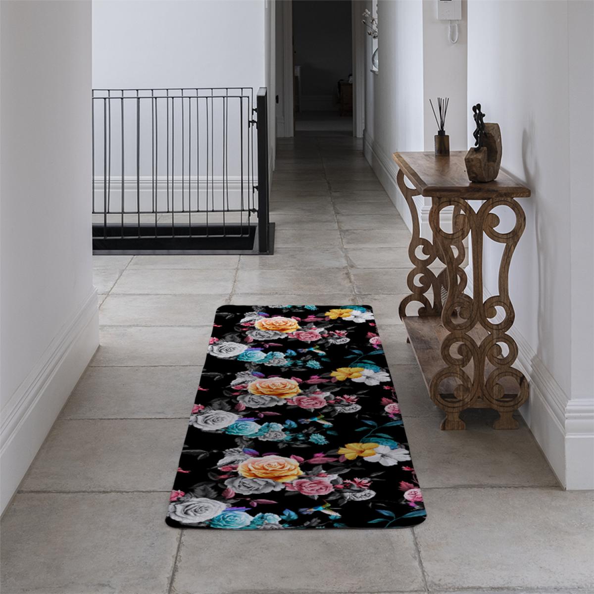 Humming Bird Roses Peony With Leaves Runner Rug - Black – image 4