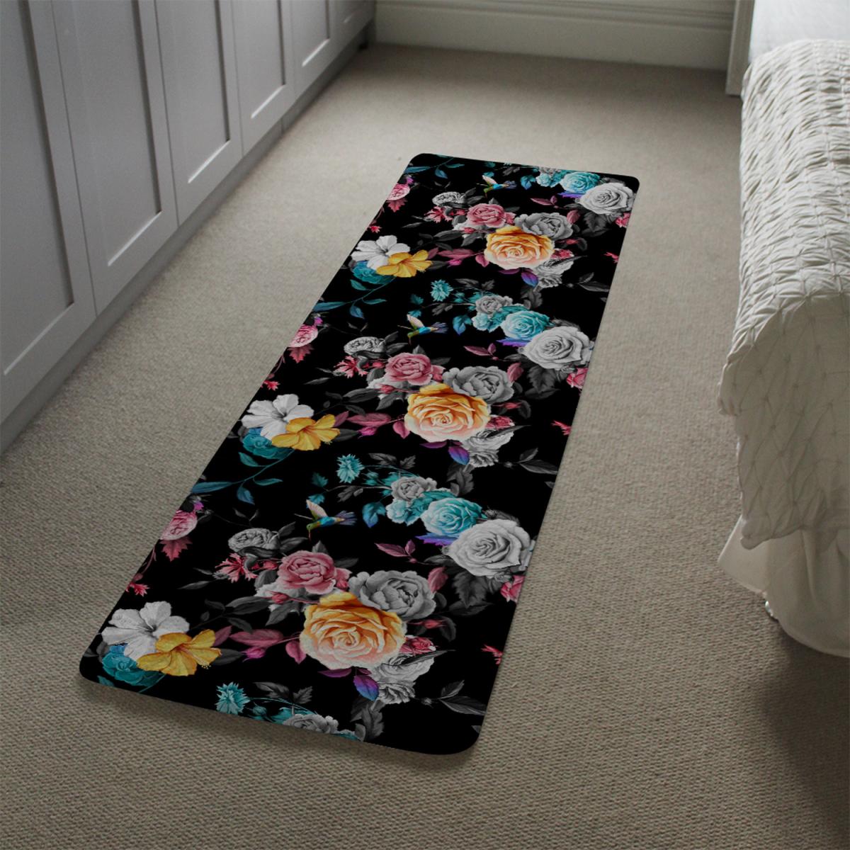 Humming Bird Roses Peony With Leaves Runner Rug - Black – image 1