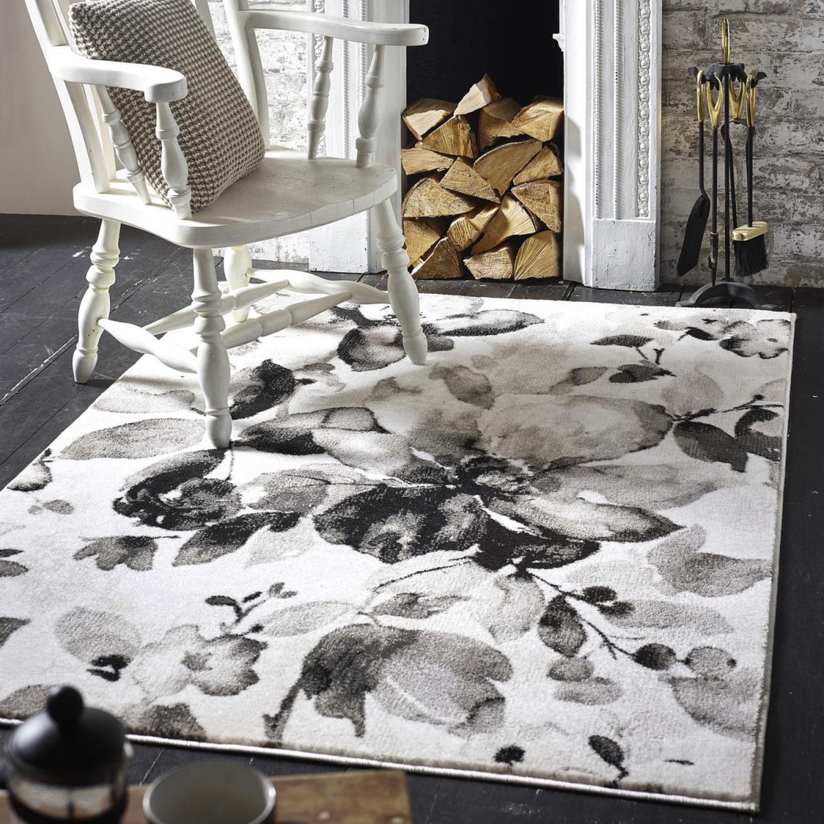 Grey Artistic Floral Living Room Rug - Grey / 120cm