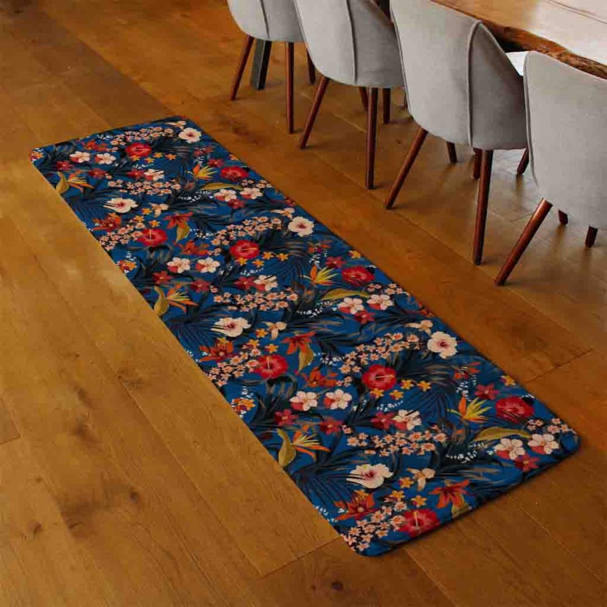Bright Red Orange Tropical Flowers Plants Runner Rug - Blue – image 3