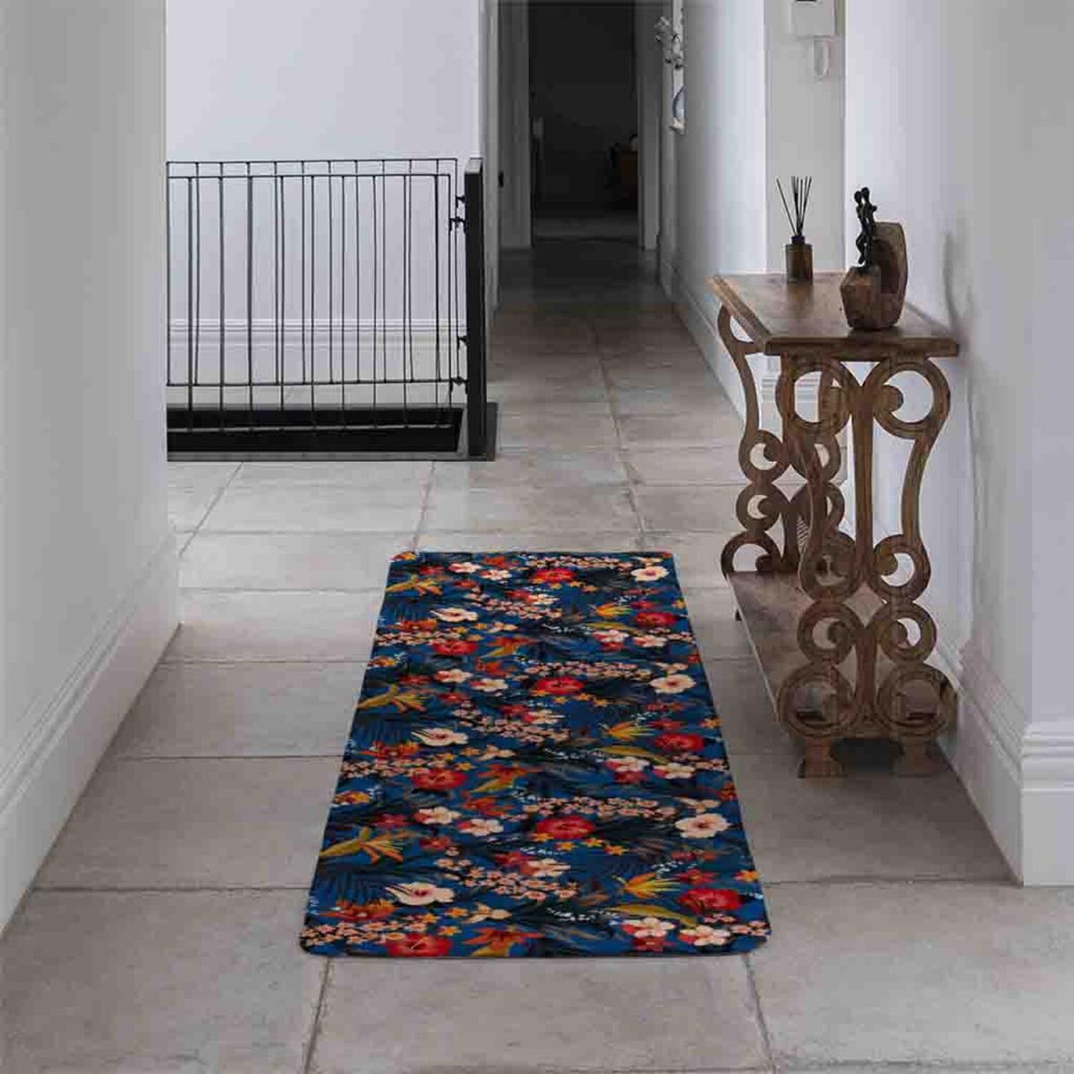 Bright Red Orange Tropical Flowers Plants Runner Rug - Blue – image 4