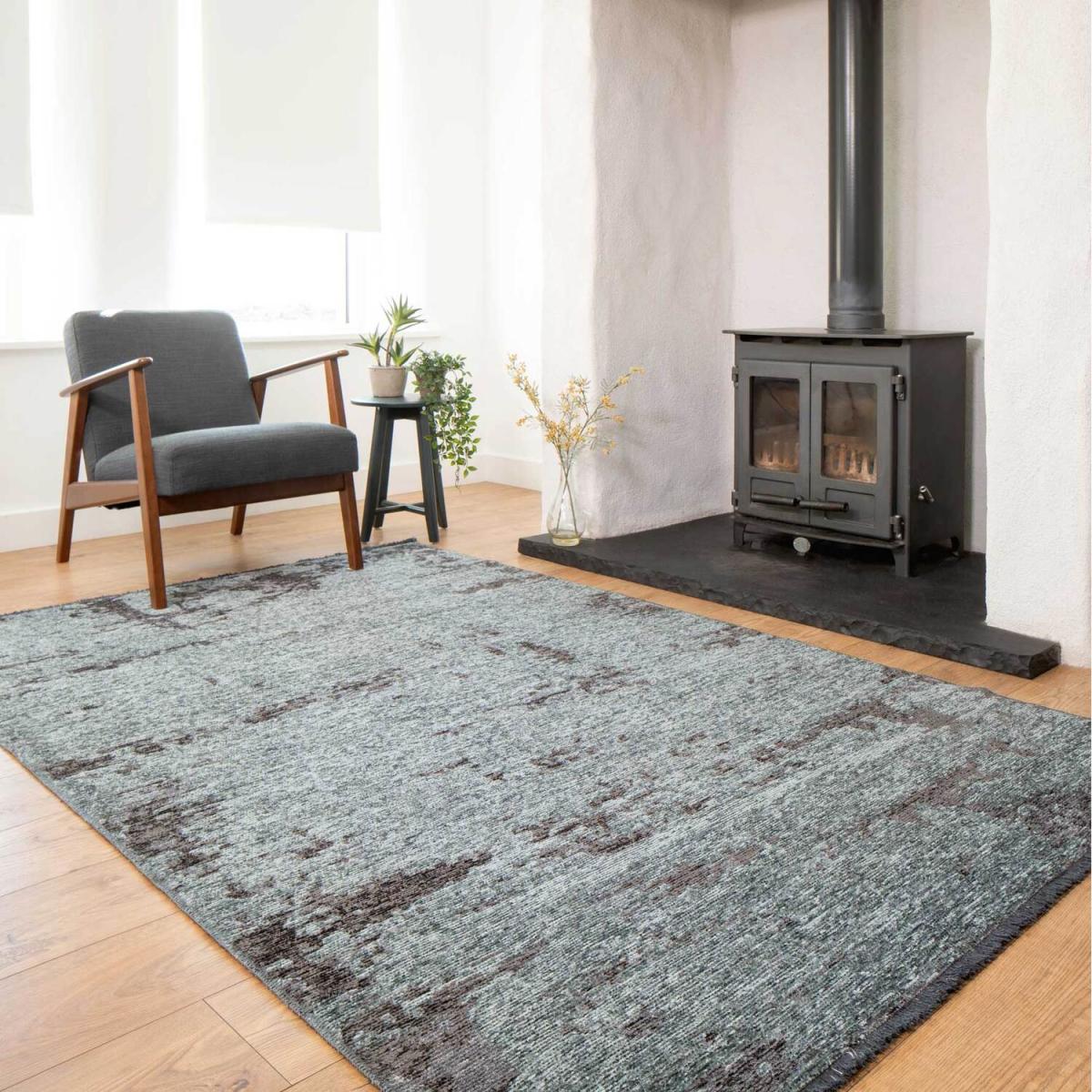 Grey Teal Distressed Reversible Chenille Living Area Rug - Grey Blue / 280 x 190cm – image 3