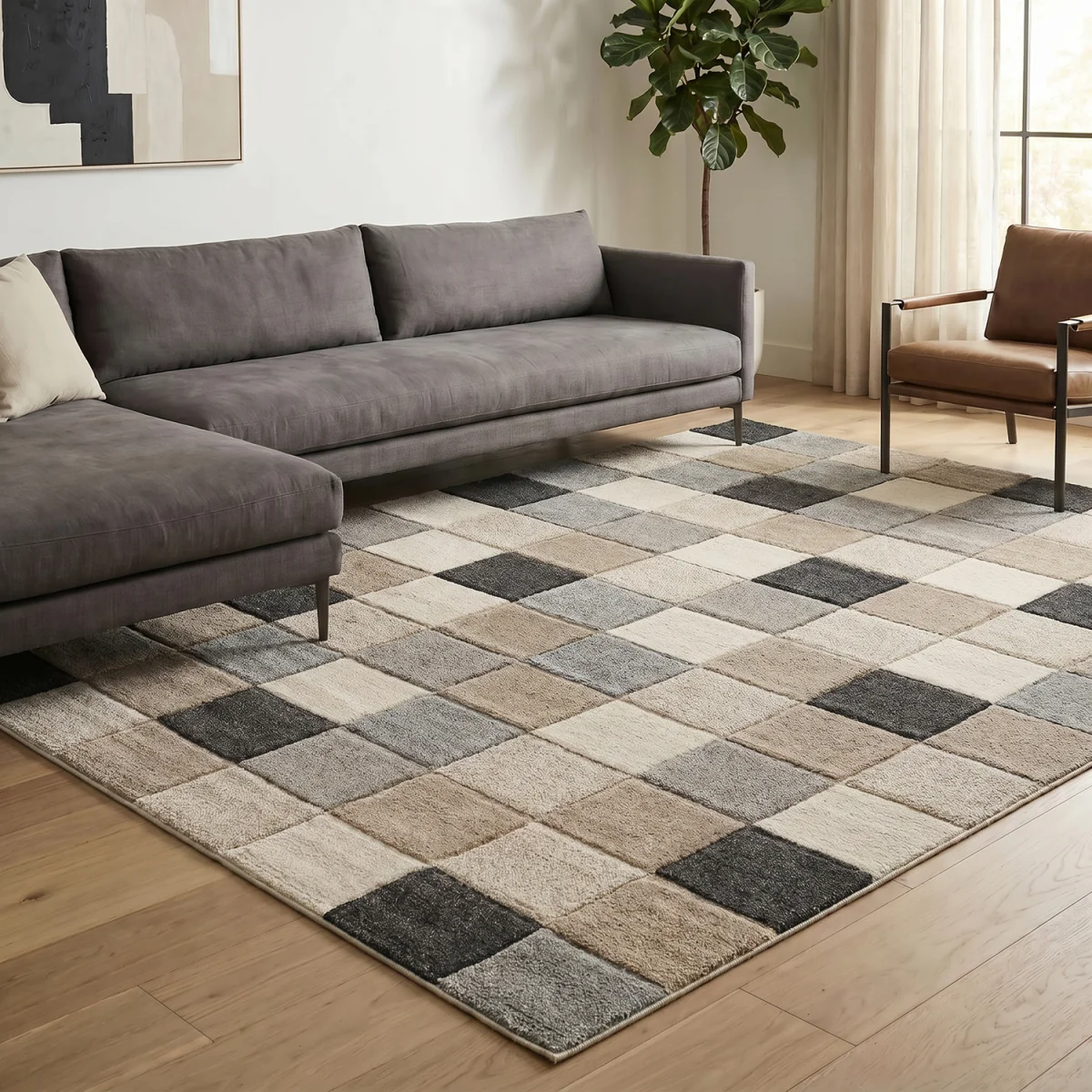 Santiago Modern Abstract Geometric Carved Rugs Living Room Grid Design Area Rug - Beige / 170cm – image 4