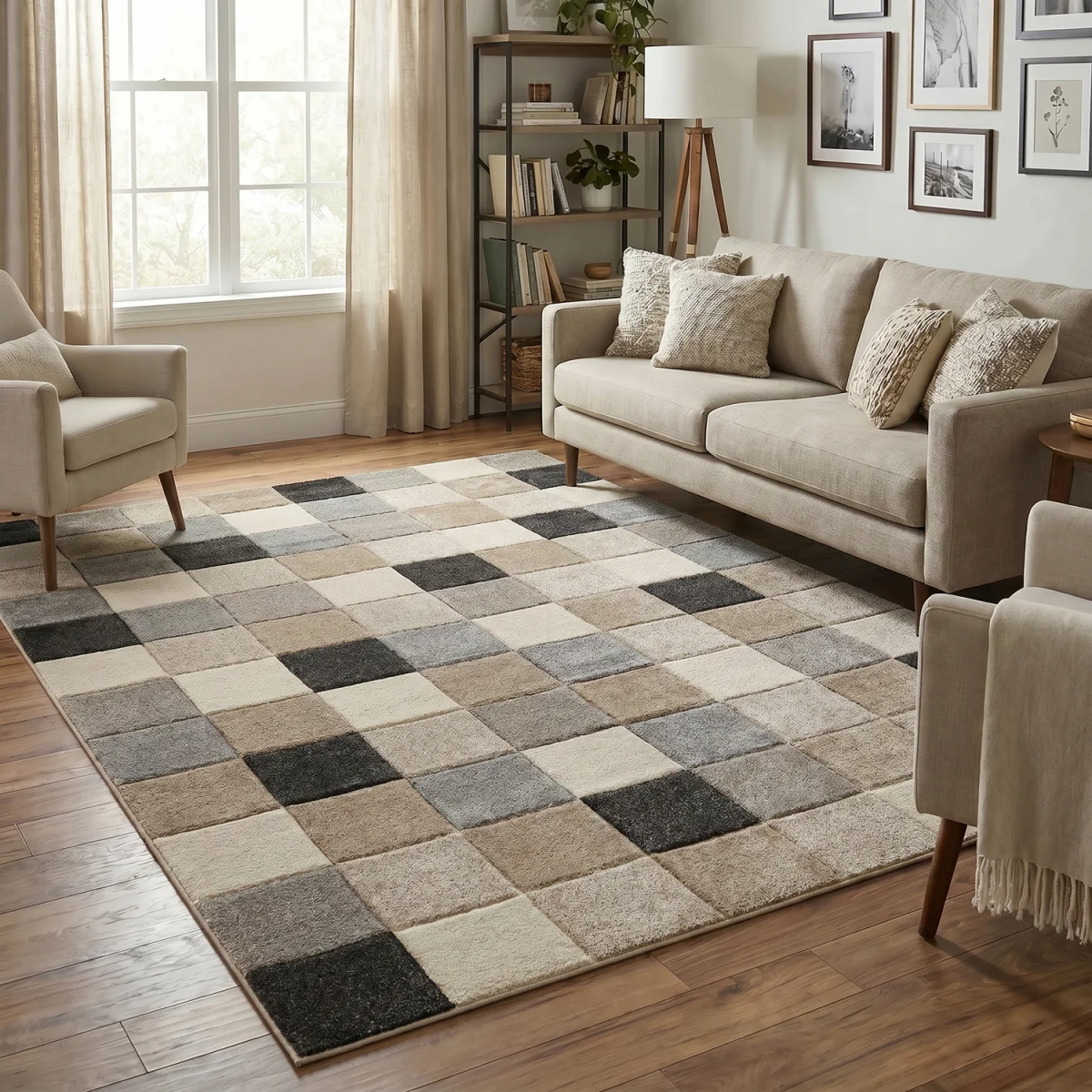 Santiago Modern Abstract Geometric Carved Rugs Living Room Grid Design Area Rug - Beige / 170cm – image 1