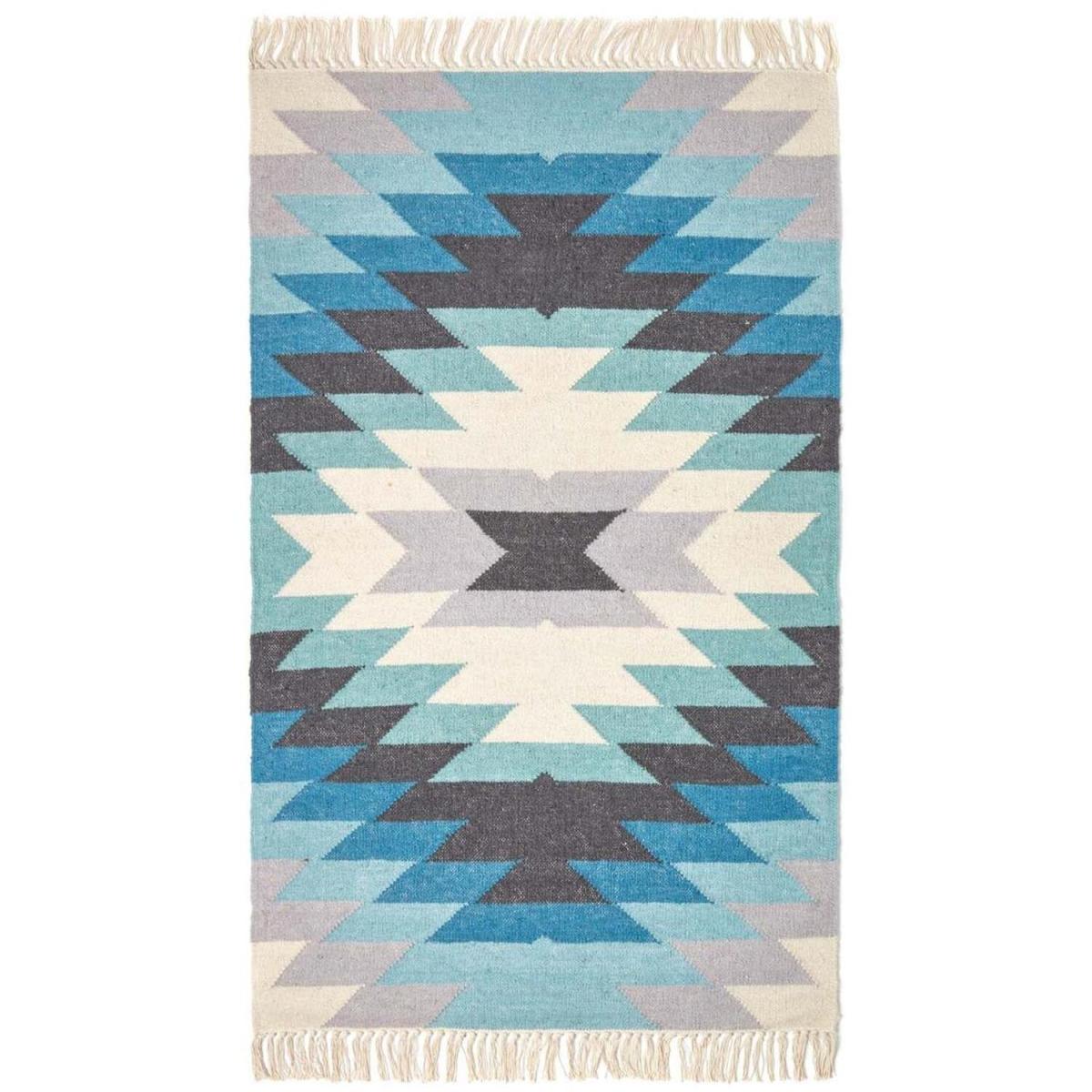 Homescapes Helsinki Geometric Kilim Wool Rug - Blue / 150cm – image 3