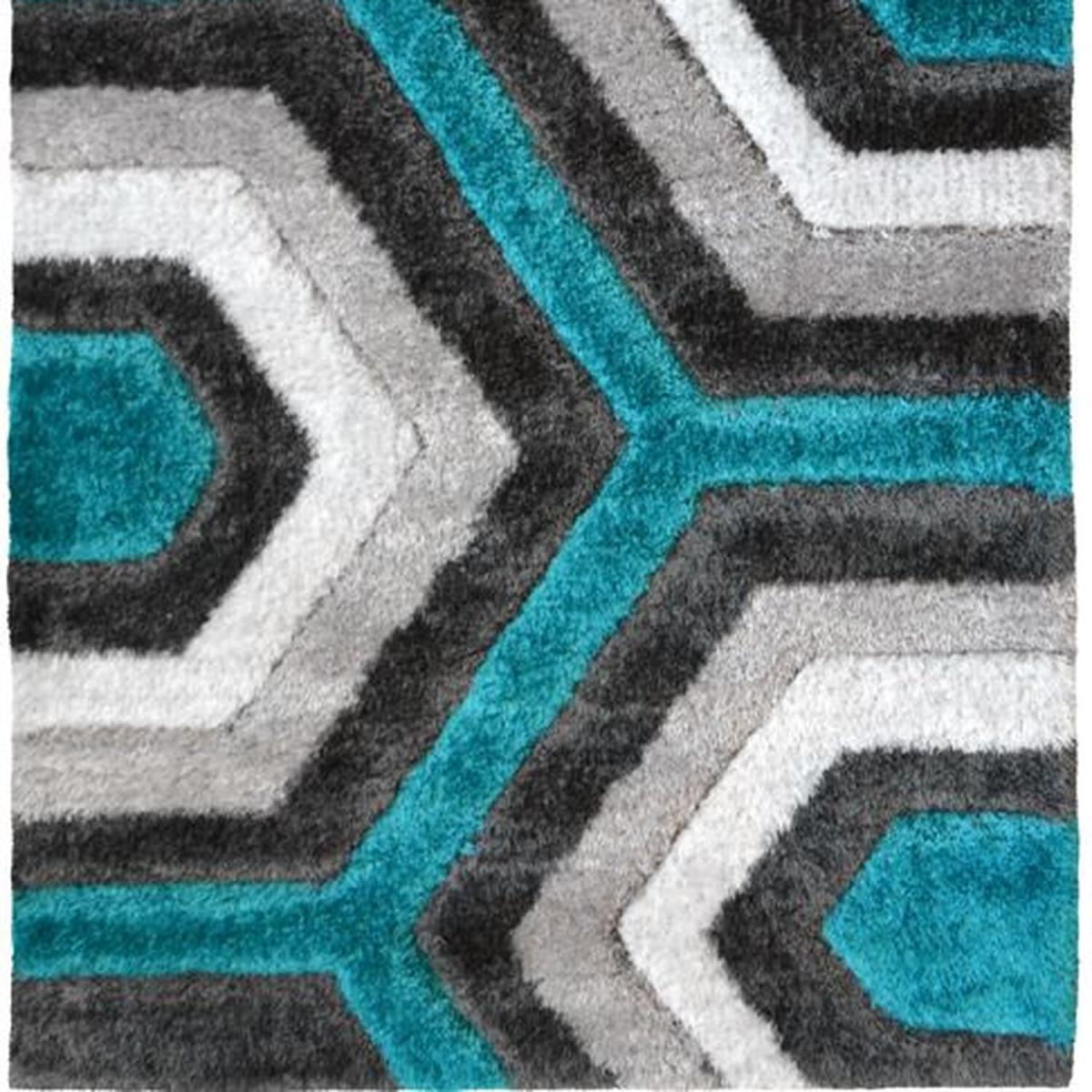 Blue and Silver Geometric 4cm Deep Carved Shaggy Rug - Kasta - Blue / 230cm / 5kg – image 2