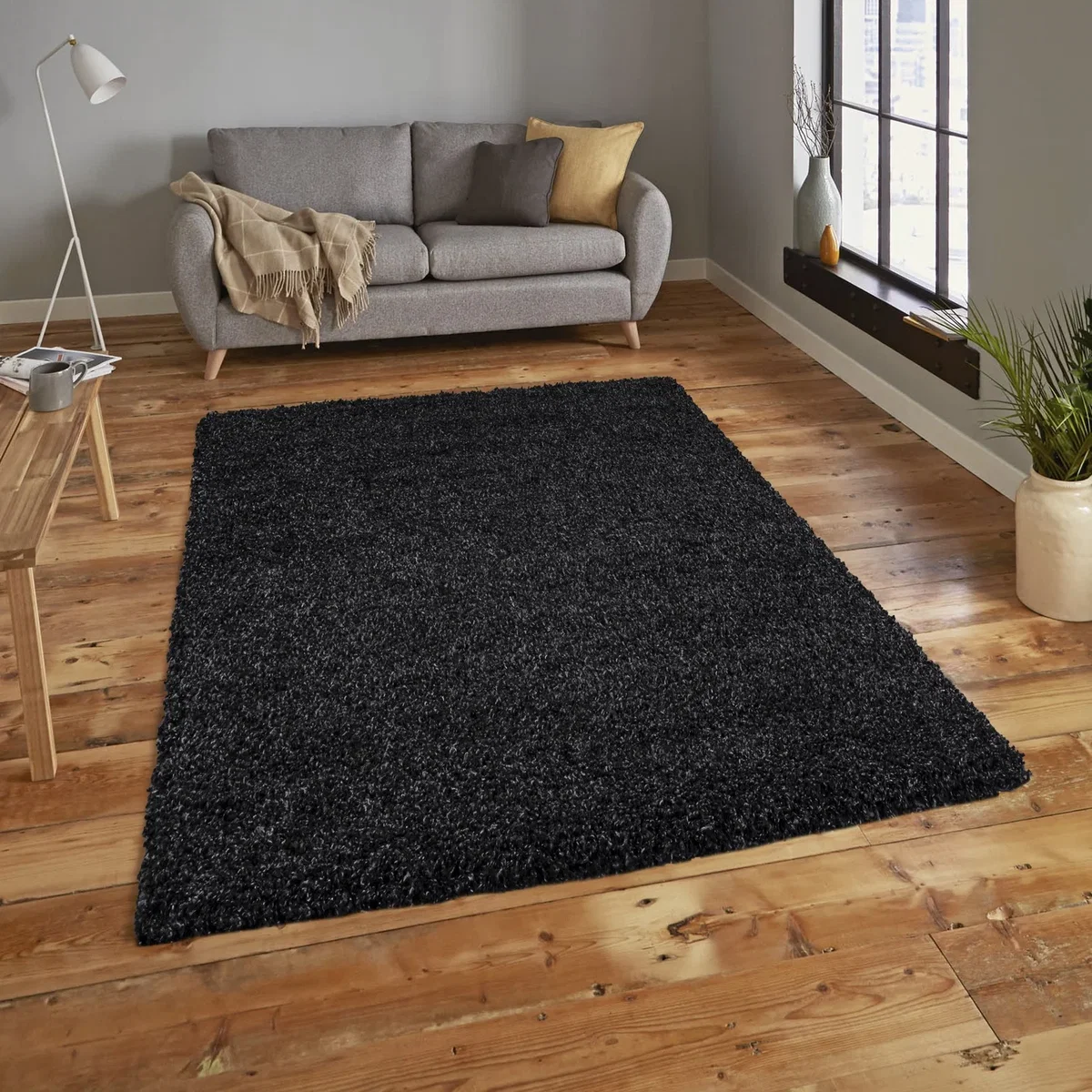 Everest Soft Fluffy Shaggy Rug - Black/Grey / 170cm