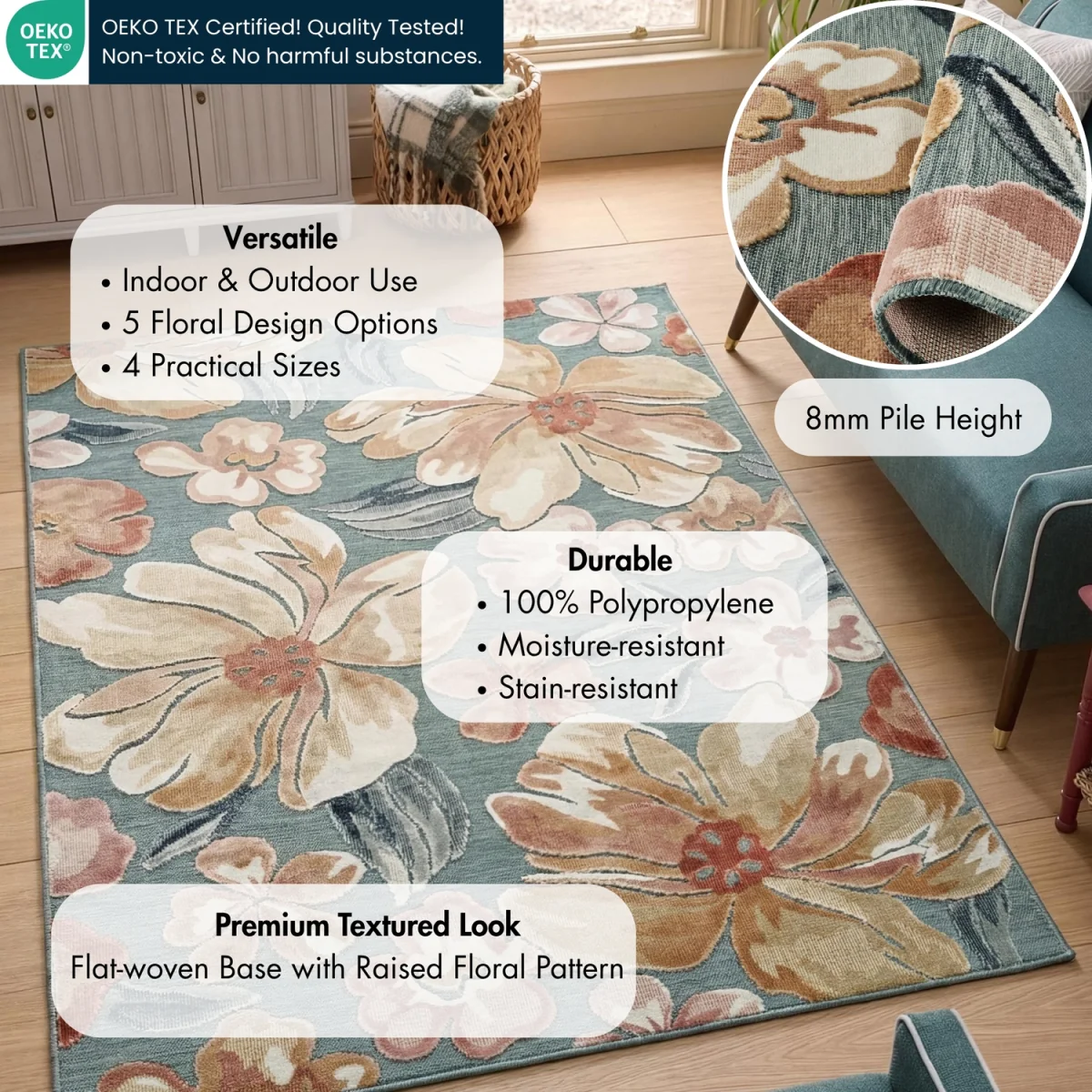 Gardenia Jasmine Indoor Outdoor Low Pile Area Rug Floral Design - Blue / 230cm – image 3