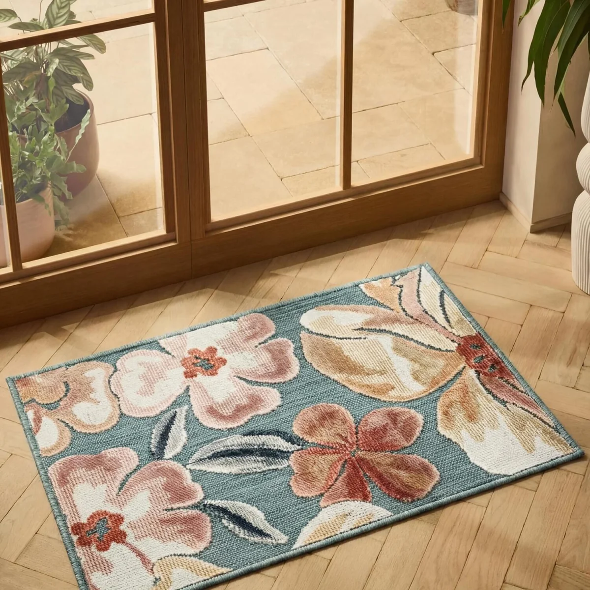 Gardenia Jasmine Indoor Outdoor Low Pile Area Rug Floral Design - Blue / 230cm – image 7