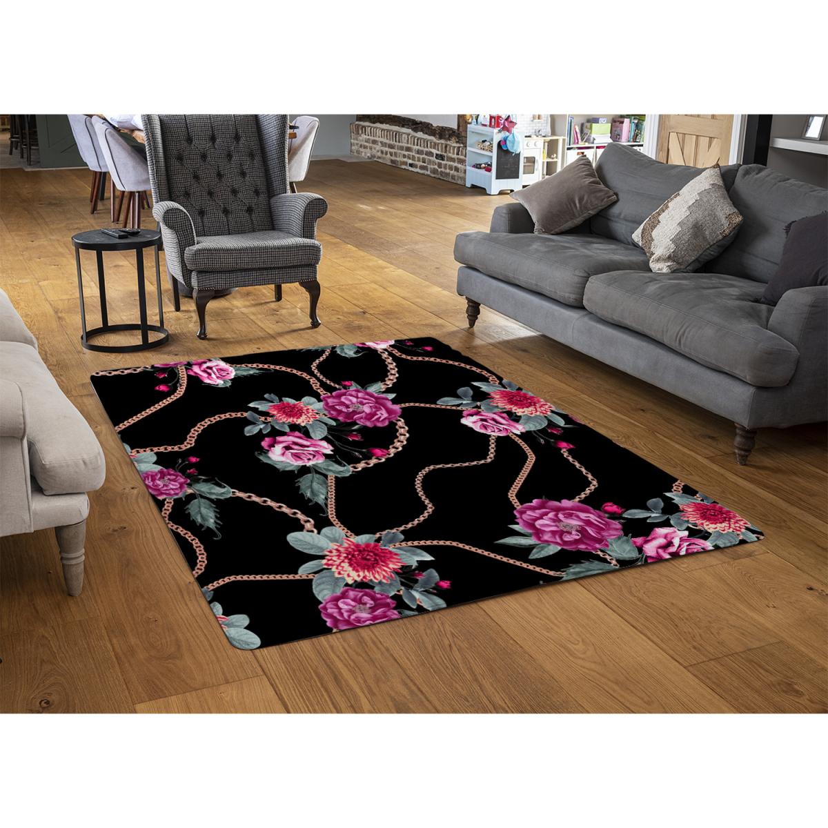 Chain And Flowers Pattern Designer Rug - Black / 200cm – image 3