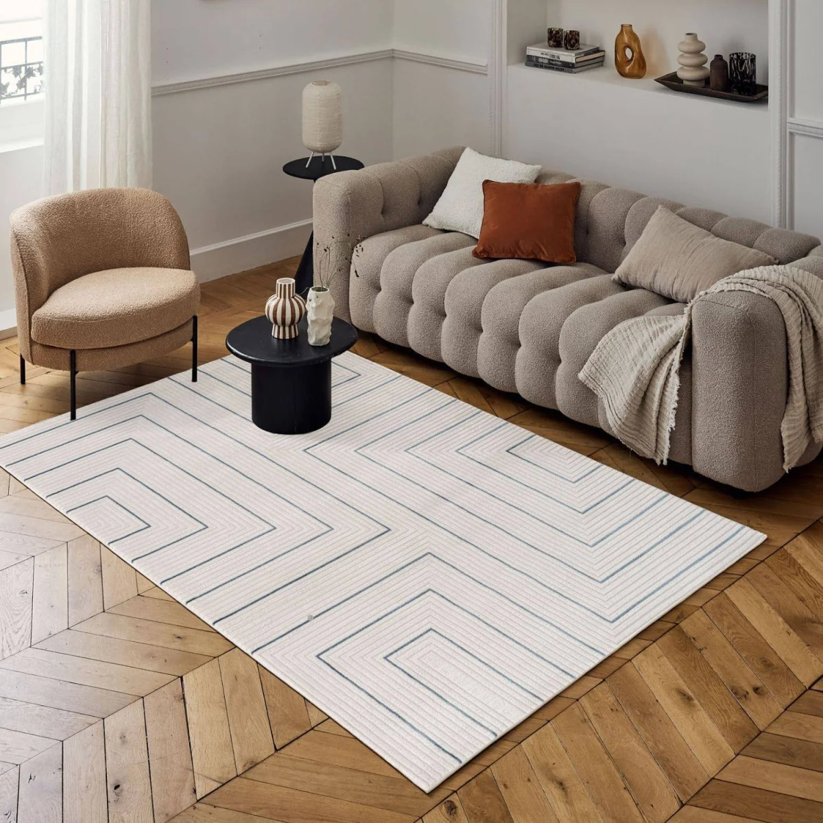 The Rugs Carmel Textured Geometric Runner - Cream-Blue – image 7