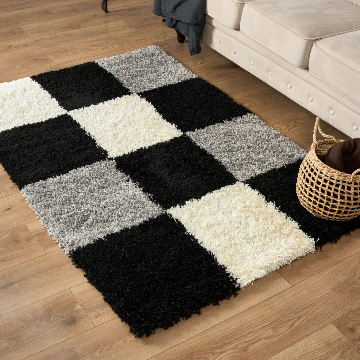 California Checked Shaggy Rug - Black / 110cm / 60cm – image 9