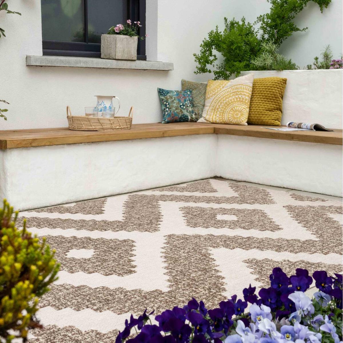 Natural Beige Textured Bordered Geometric Weatherproof Indoor Outdoor Area Rug - Beige / 230 x 160cm – image 2