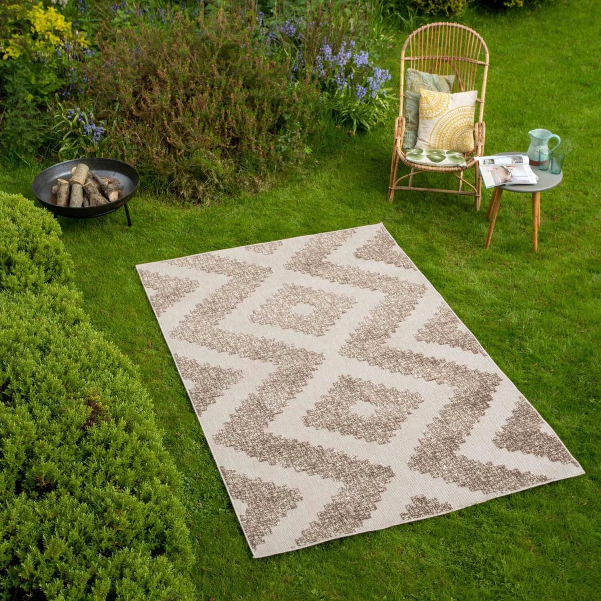 Natural Beige Textured Bordered Geometric Weatherproof Indoor Outdoor Area Rug - Beige / 230 x 160cm – image 3