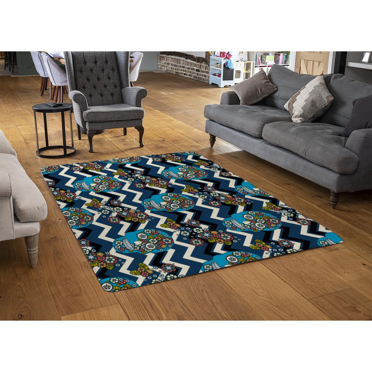 Embroidery Colorful Simplified Ethnic Skull Blue Pattern Rug - Blue / 230cm – image 3