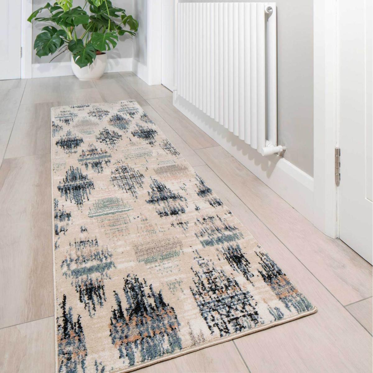 Beige Navy Blue Distressed Diamond Trellis Living Area Rug - Multicolour / 240 x 60cm – image 2