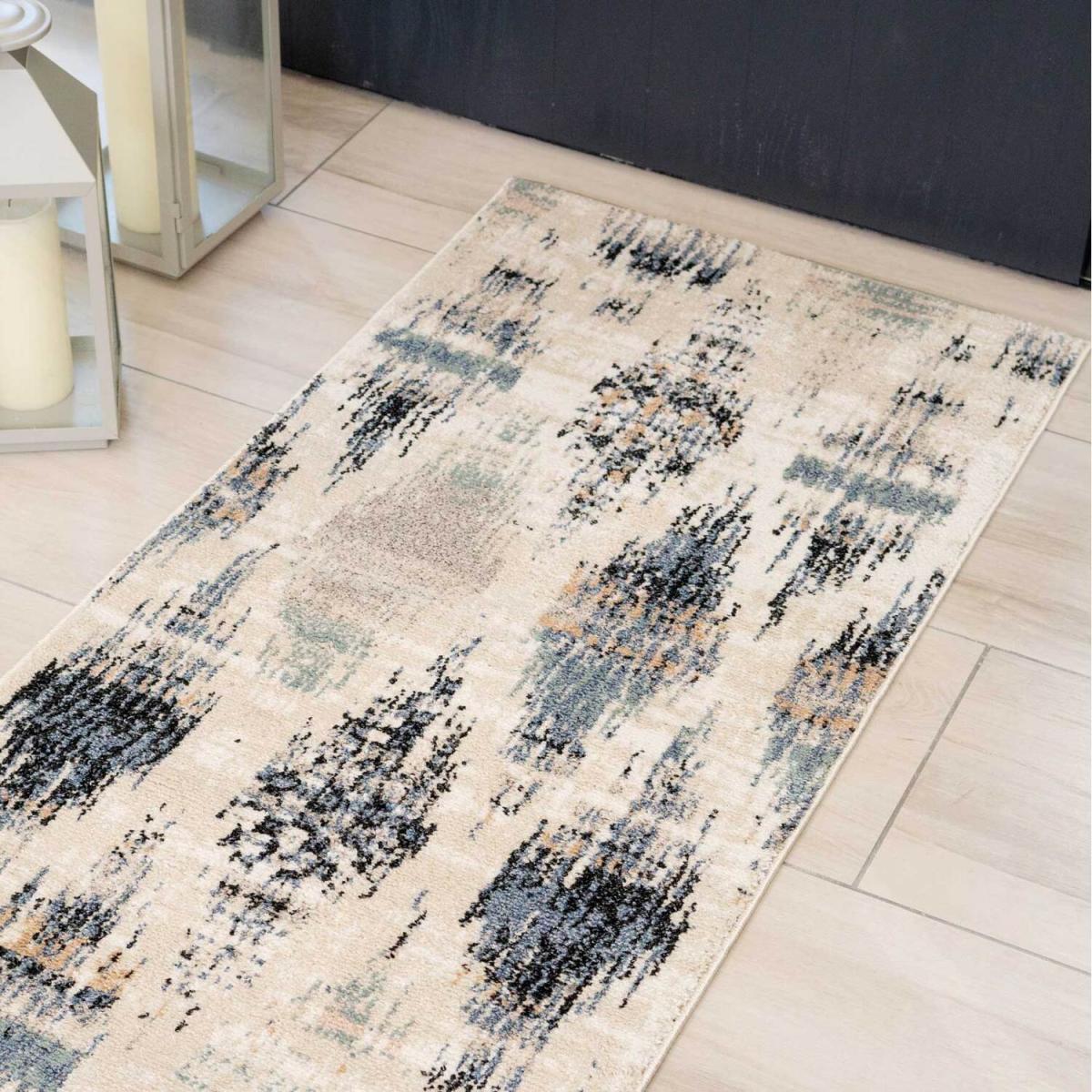 Beige Navy Blue Distressed Diamond Trellis Living Area Rug - Multicolour / 240 x 60cm – image 3