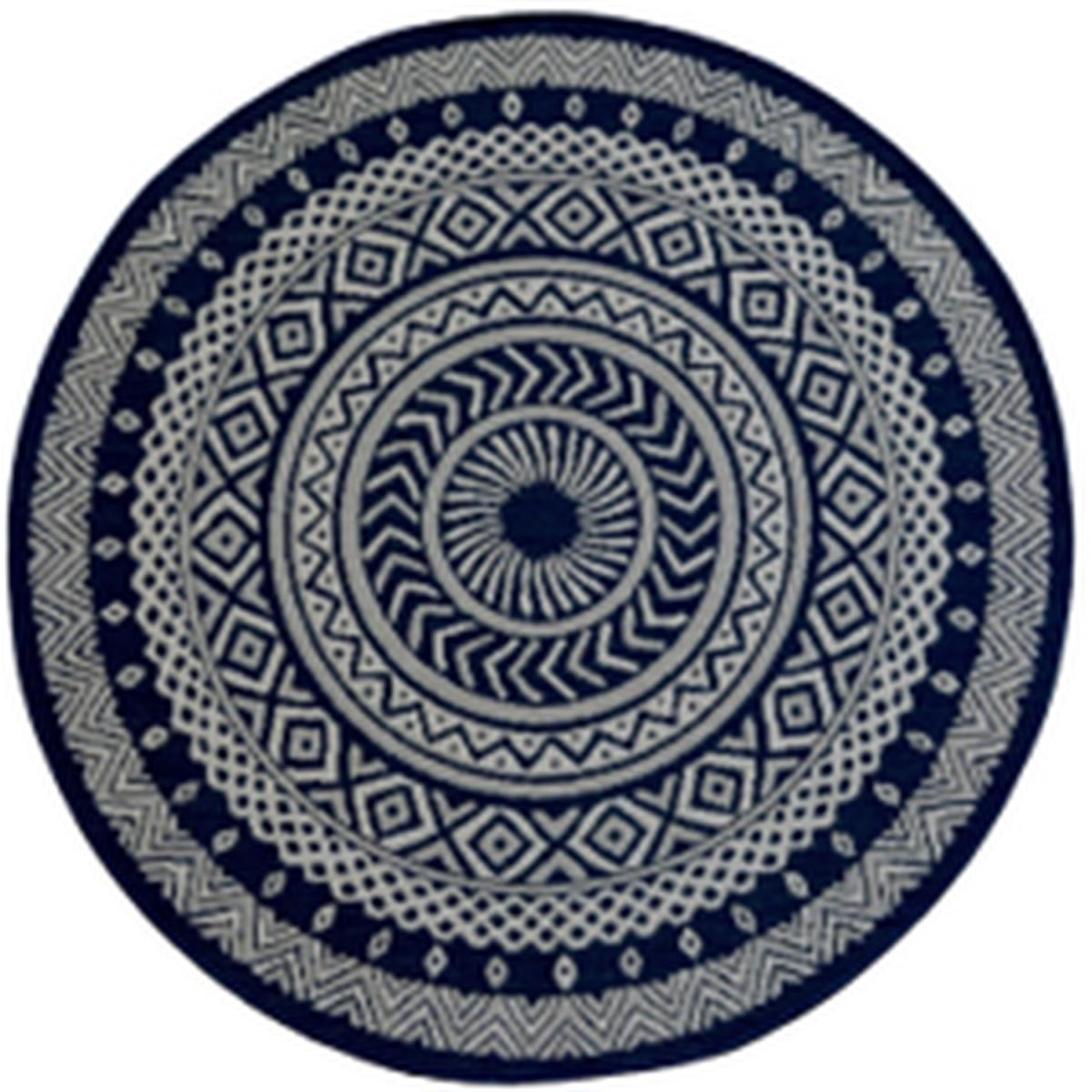 Round Circle Navy Moroccan Tile Indoor Outdoor Table Rug - Compass - Blue – image 2