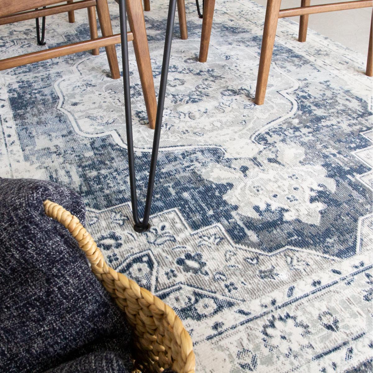 Navy Blue Grey Traditional Medallion Zero Pile Distressed Rug - Navy Blue / 280 x 190cm – image 2