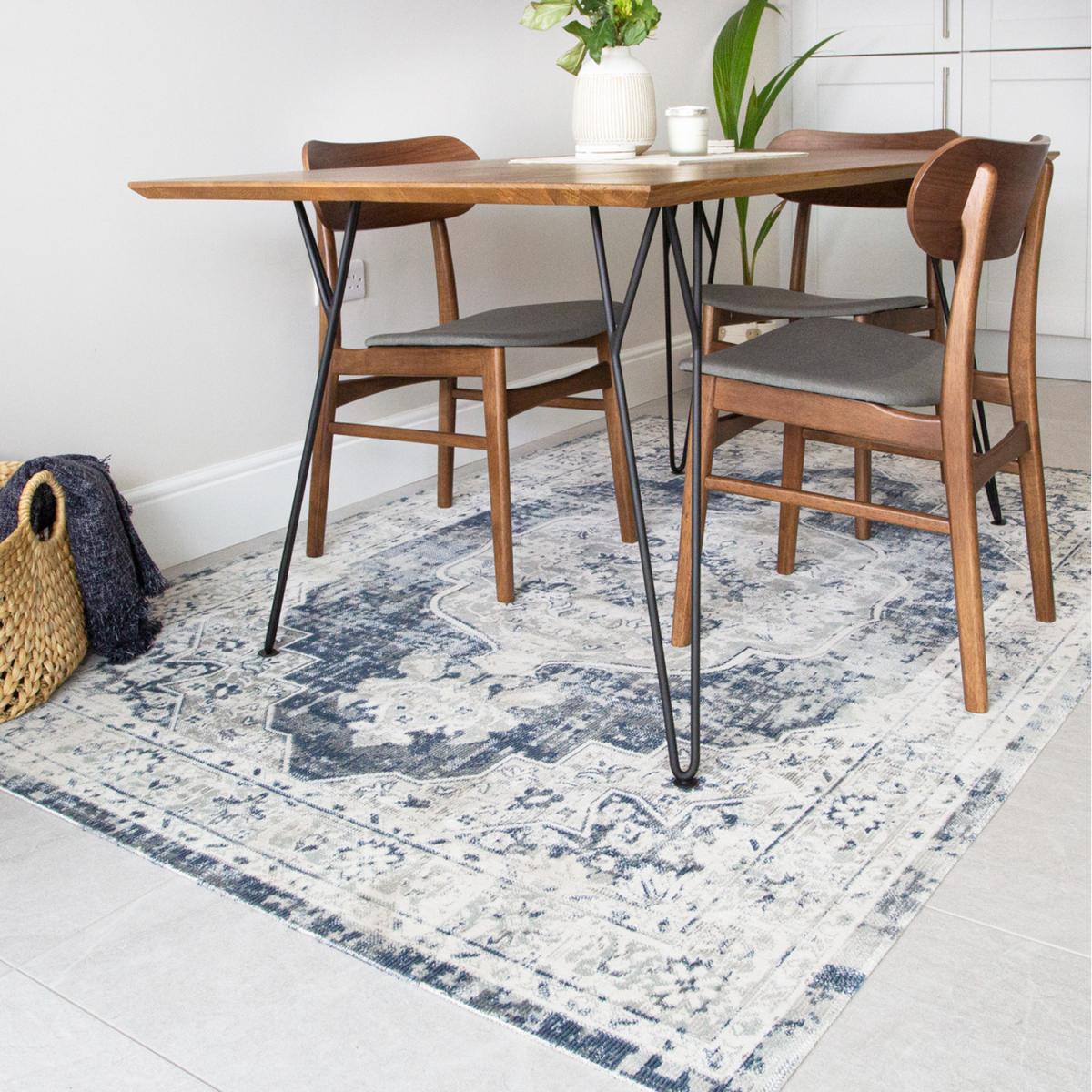 Navy Blue Grey Traditional Medallion Zero Pile Distressed Rug - Navy Blue / 280 x 190cm – image 5