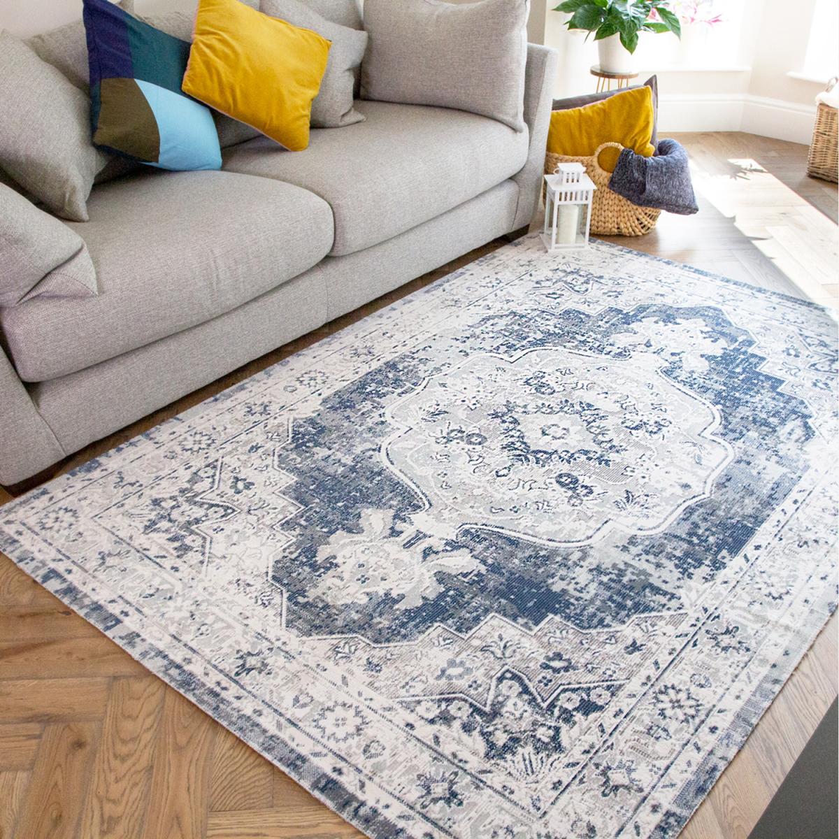 Navy Blue Grey Traditional Medallion Zero Pile Distressed Rug - Navy Blue / 280 x 190cm – image 1