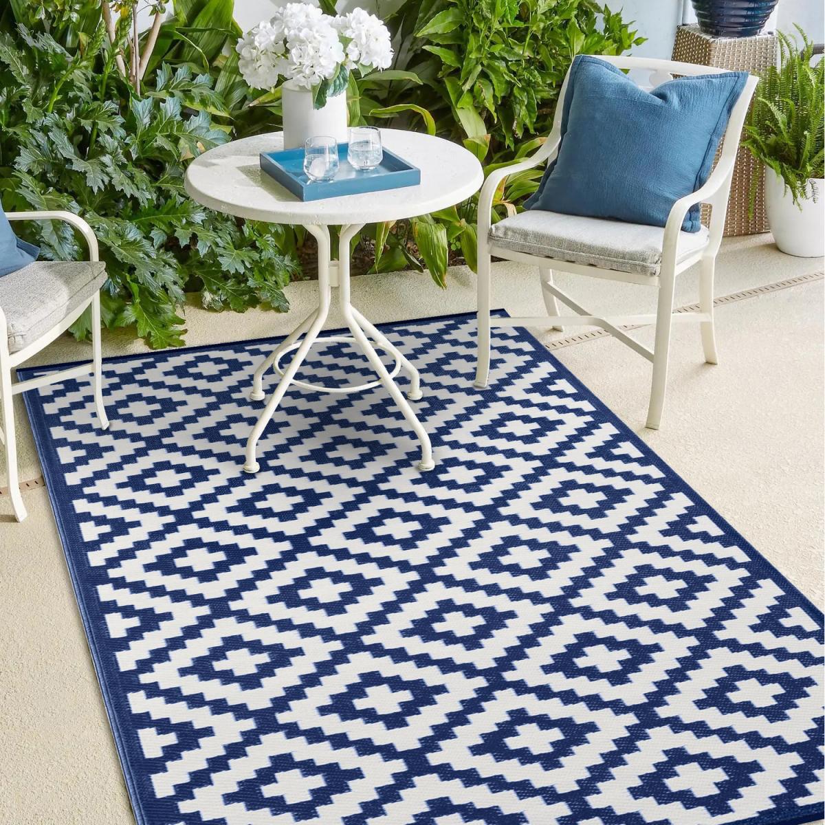 Green Decore Nirvana Plastic Outdoor Rug, Navy Blue White - Navy Blue White / 120 cm x 180 cm / Geometric