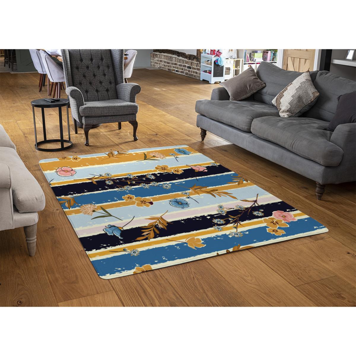 Beautiful Meadow Flowers On Candy Colorful Brush Stripe Designer Rug - Blue / 150cm – image 2