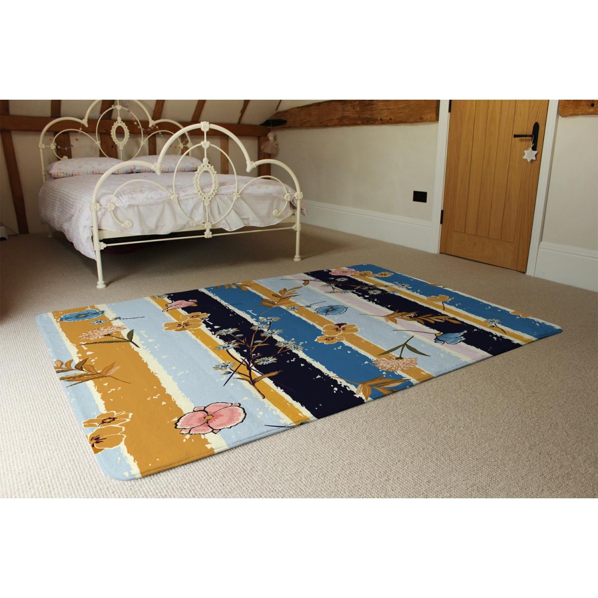 Beautiful Meadow Flowers On Candy Colorful Brush Stripe Designer Rug - Blue / 150cm – image 3