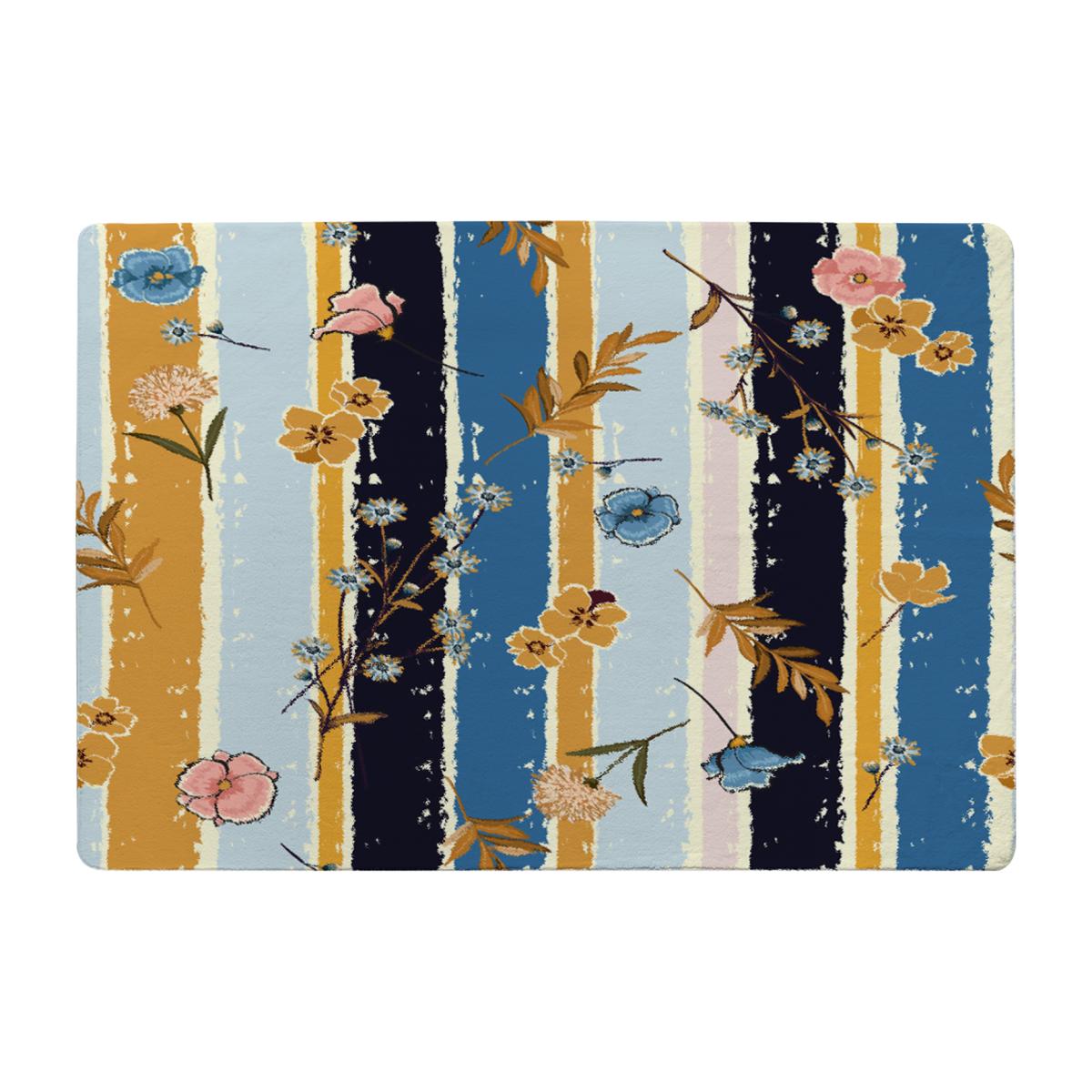 Beautiful Meadow Flowers On Candy Colorful Brush Stripe Designer Rug - Blue / 150cm – image 1