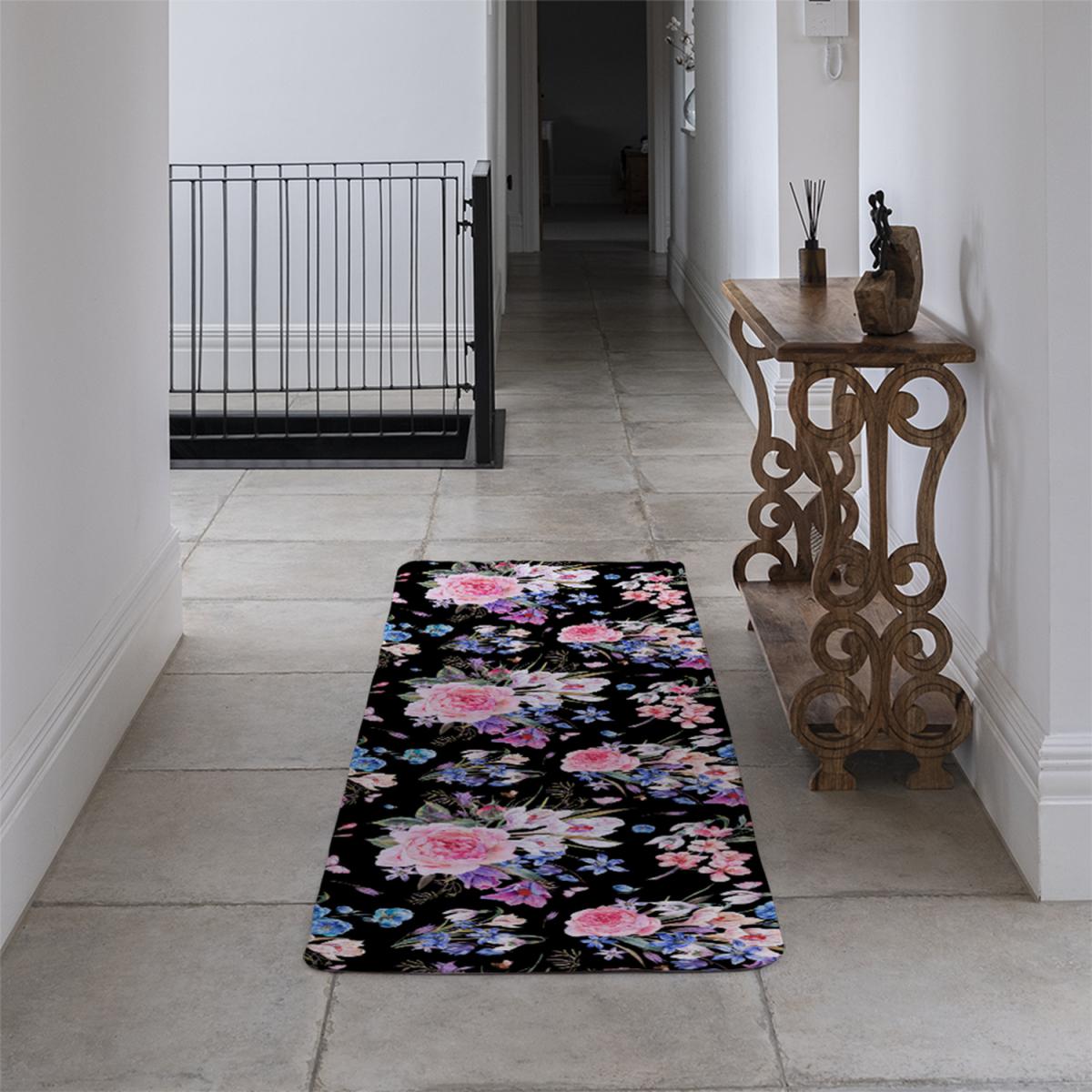 Bright Pink Flowers On Black Runner Rug - Pink – image 3