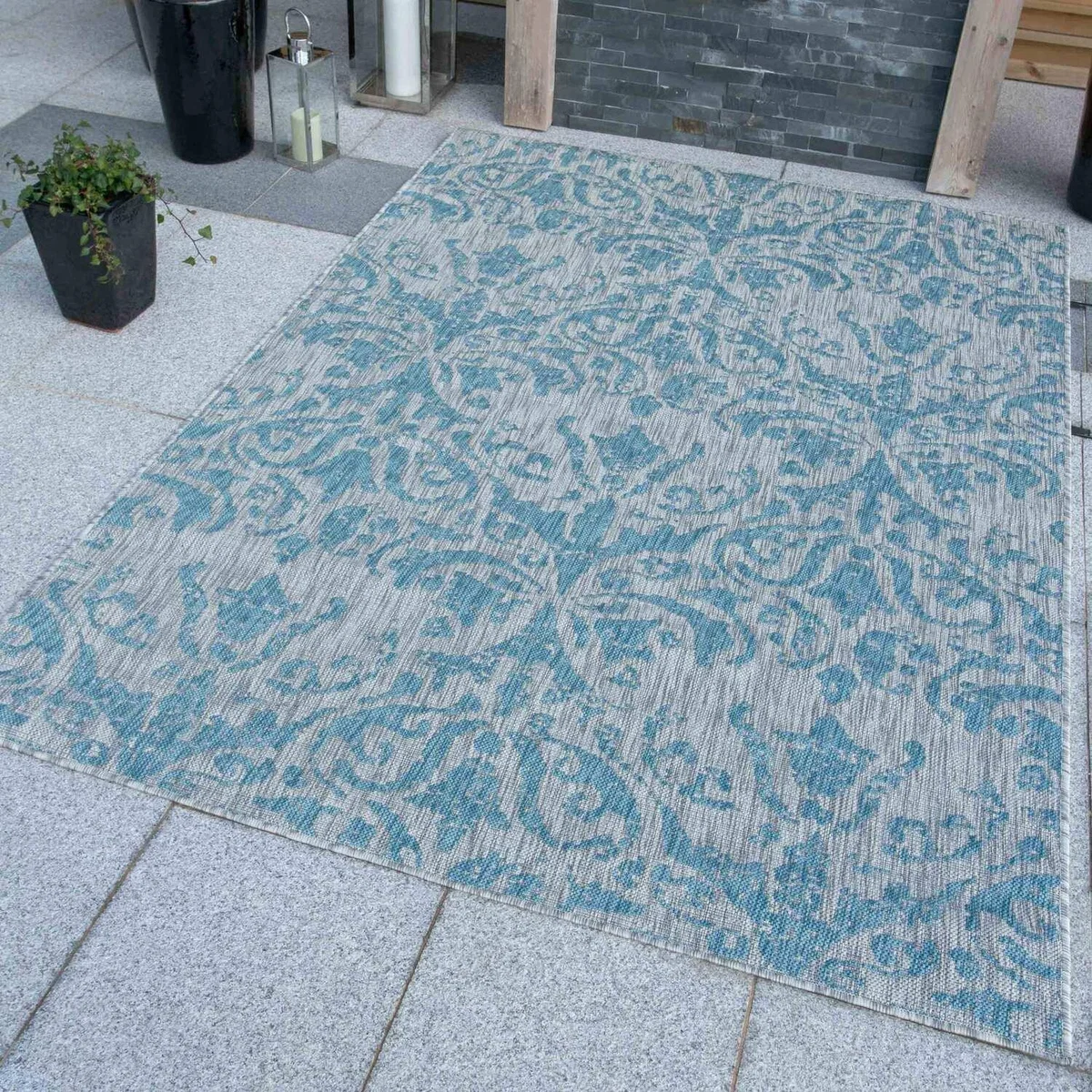 Aqua Blue Vintage Floral Flatweave Indoor Outdoor Rug - Aqua / 170 x 120cm – image 2