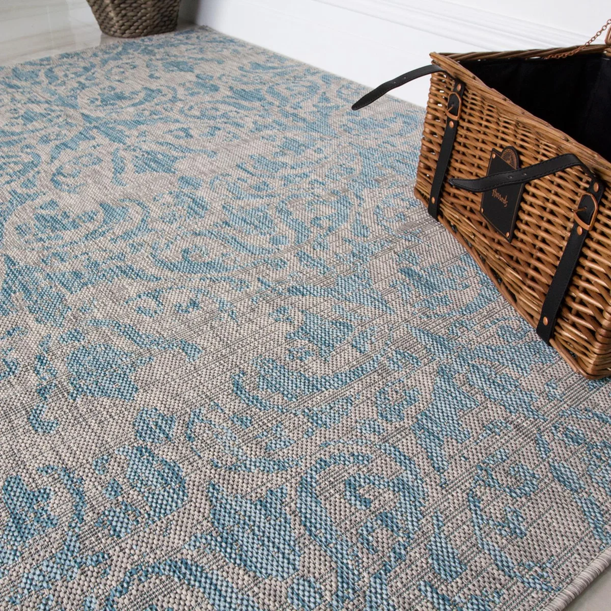 Aqua Blue Vintage Floral Flatweave Indoor Outdoor Rug - Aqua / 170 x 120cm – image 3