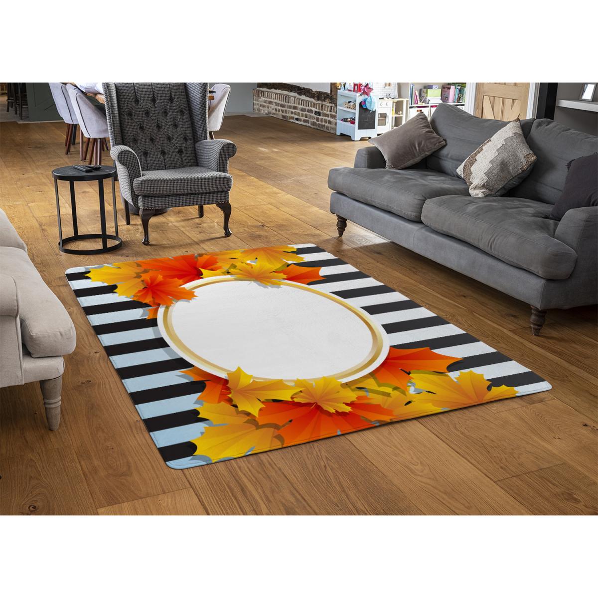Orange  Red Autumn Leaves On Black Stripes Rug - Orange / 110cm – image 2