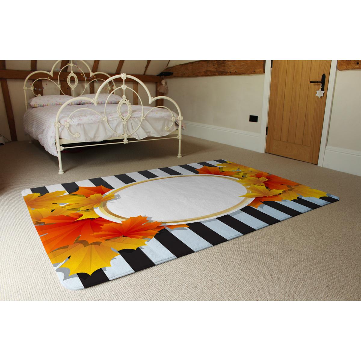 Orange  Red Autumn Leaves On Black Stripes Rug - Orange / 110cm – image 3