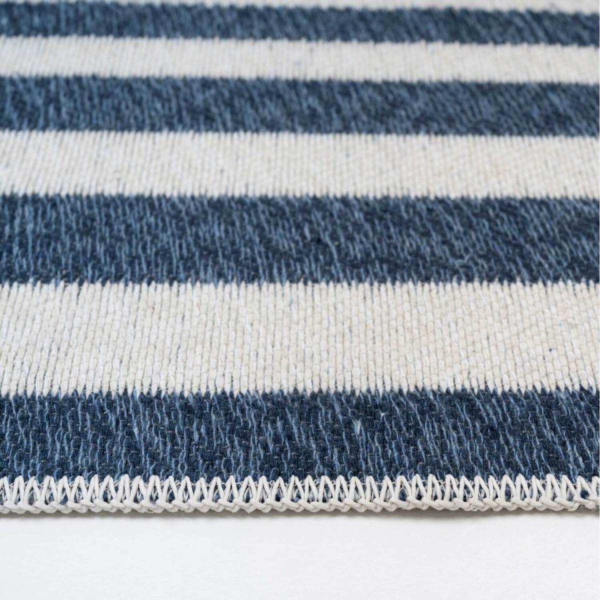 Navy Blue Stripe Bordered Recycled Cotton Reversible Fringed Rug - Navy Blue / 240 x 60cm – image 2