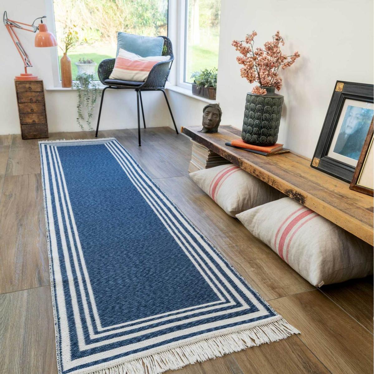 Navy Blue Stripe Bordered Recycled Cotton Reversible Fringed Rug - Navy Blue / 240 x 60cm – image 1