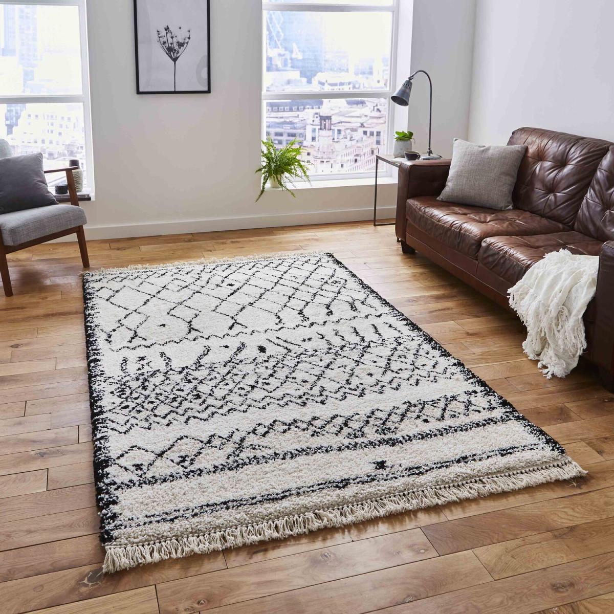 Black and White Moroccan Fringed Shaggy Rug - White / Black / 3kg
