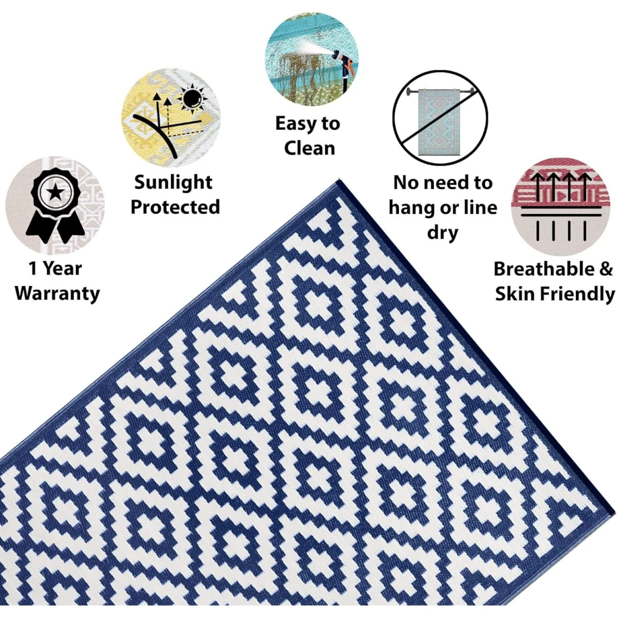 Nirvana Outdoor Rug 240x300cm Navy White Waterproof Mat Garden Camping Picnic - Navy/Blue/White – image 3
