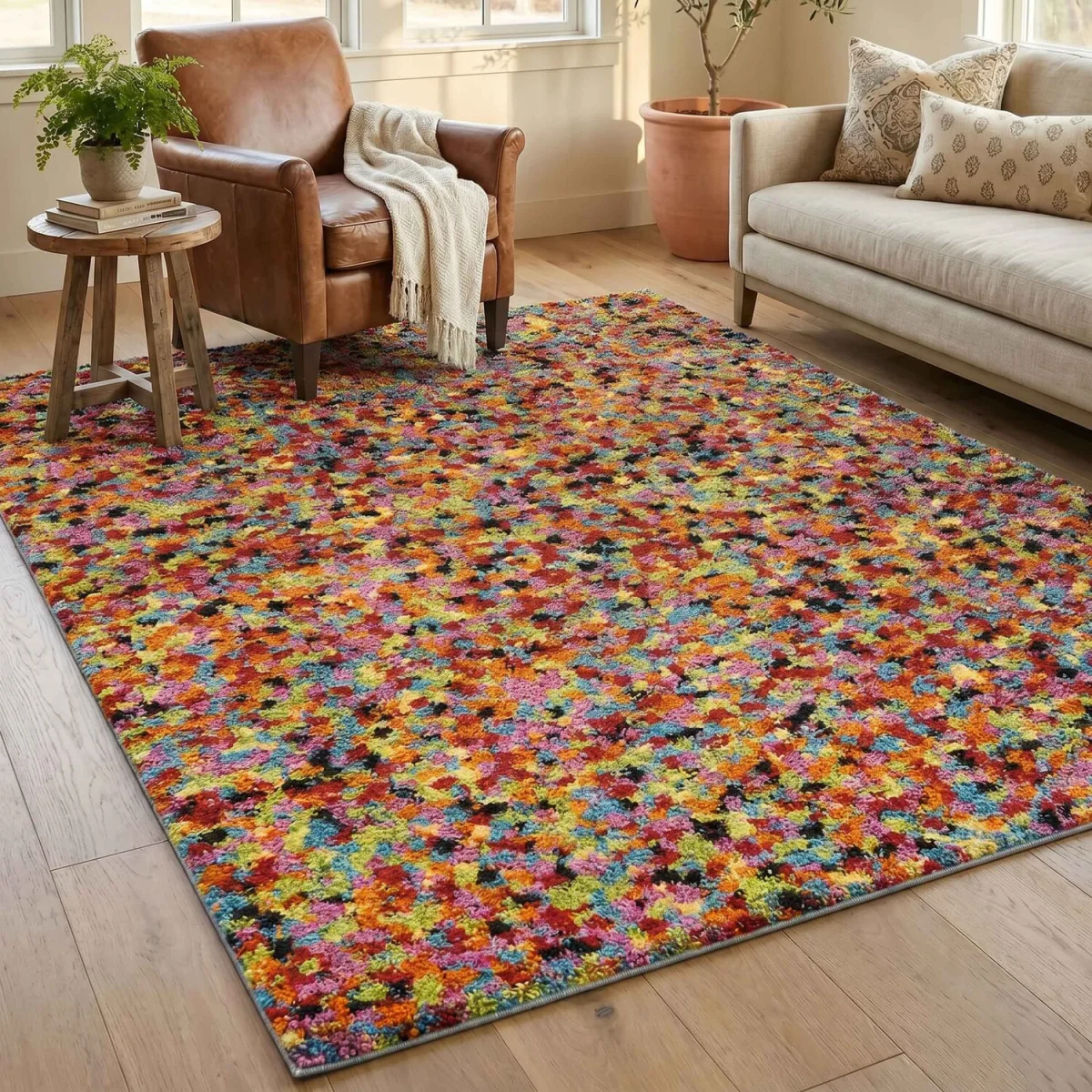Rio Modern Living Room Shaggy Area Rug Geometric Abstract Rug Pixel Design - Multi Colour / 170cm – image 1