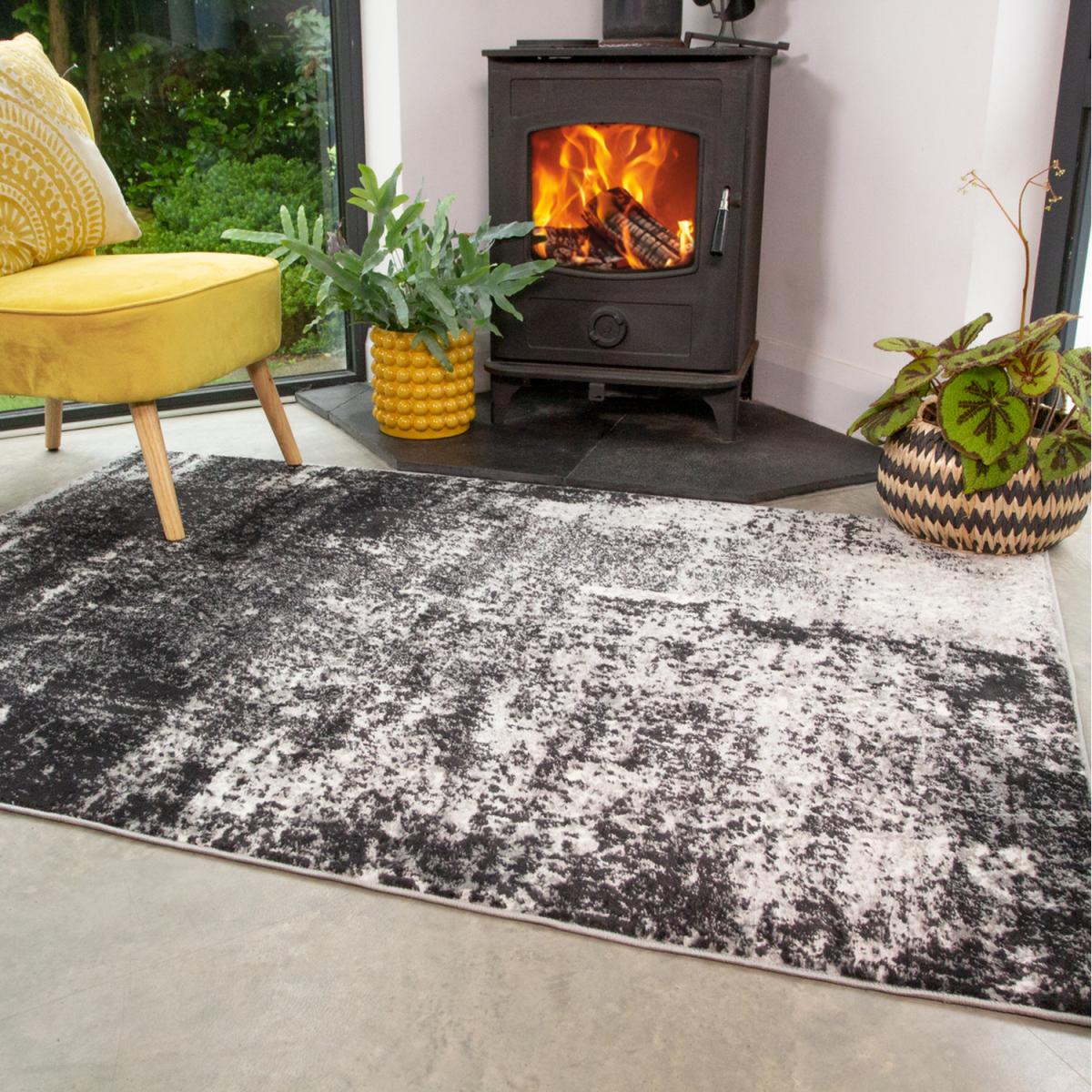 Black Grey Monochrome Super Soft Distressed Abstract Area Rug - Black / 110 x 60cm – image 1