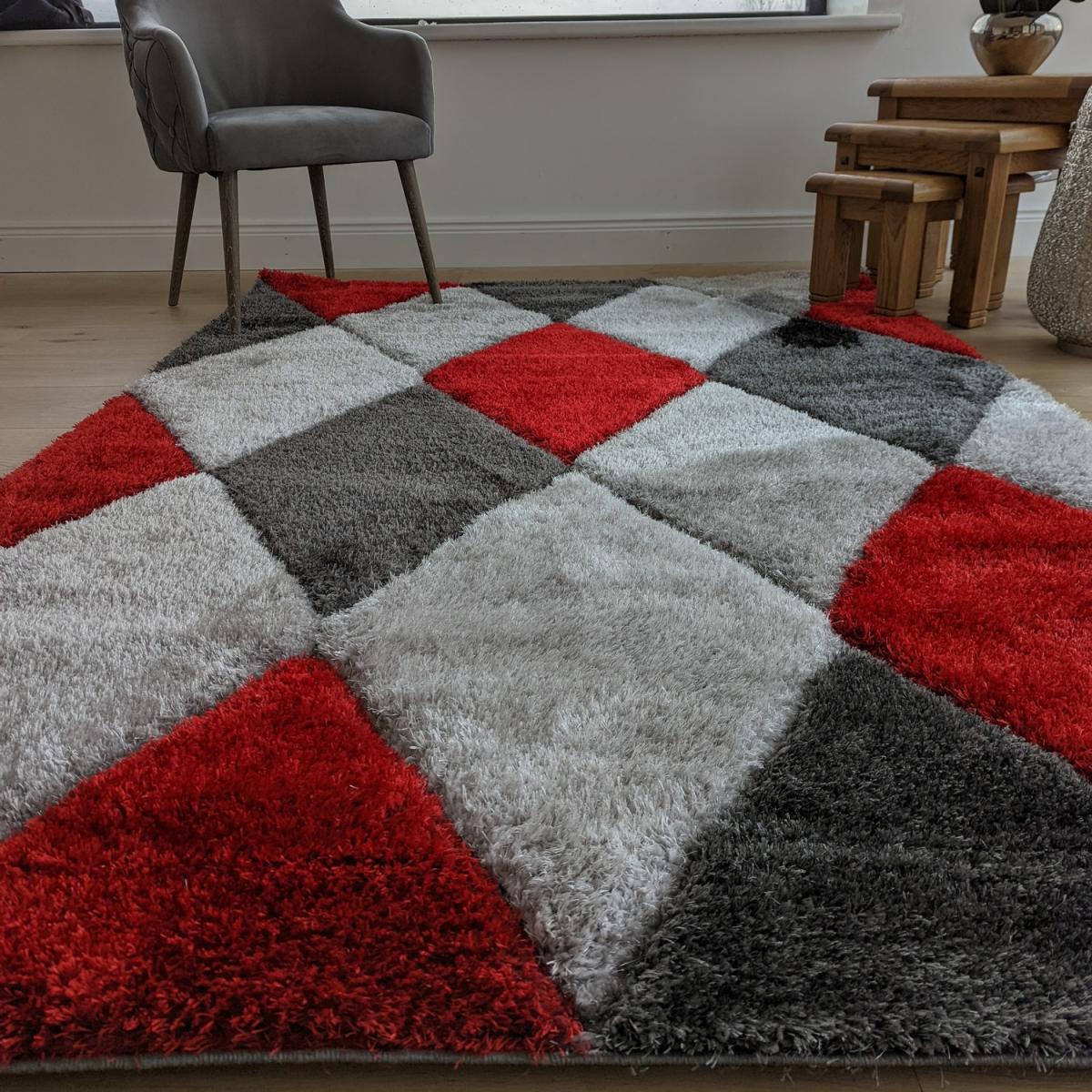 Red Carved Diamonds Shaggy Rug - Verge - Red – image 5