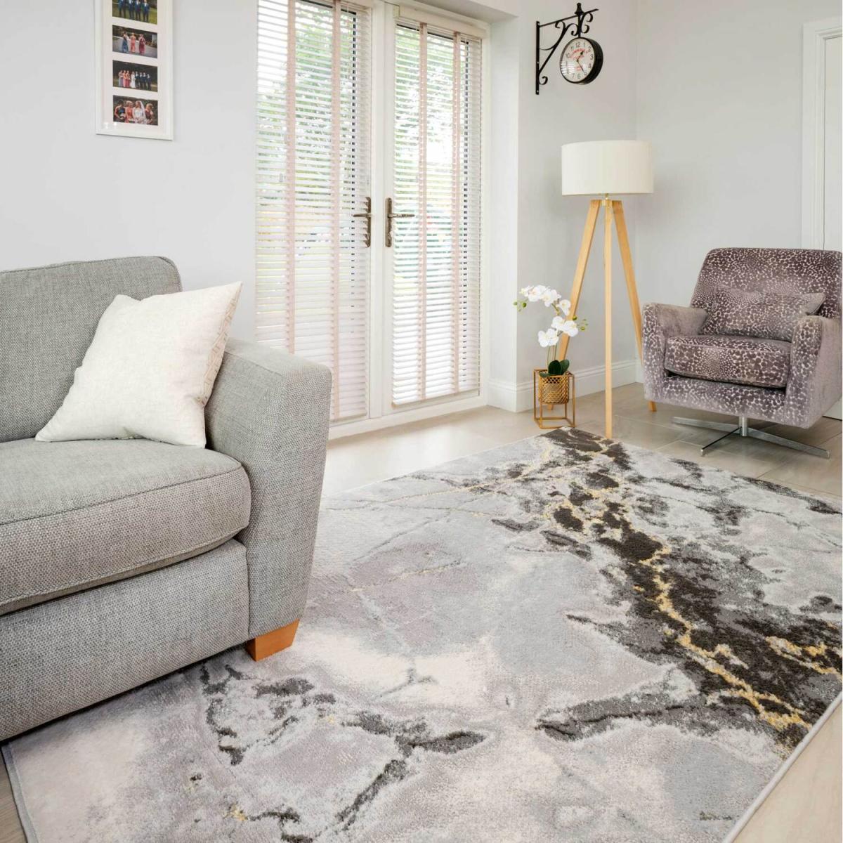 Grey Gold Metallic Modern Textured Marble Area Rug - Grey / 290cm – image 2