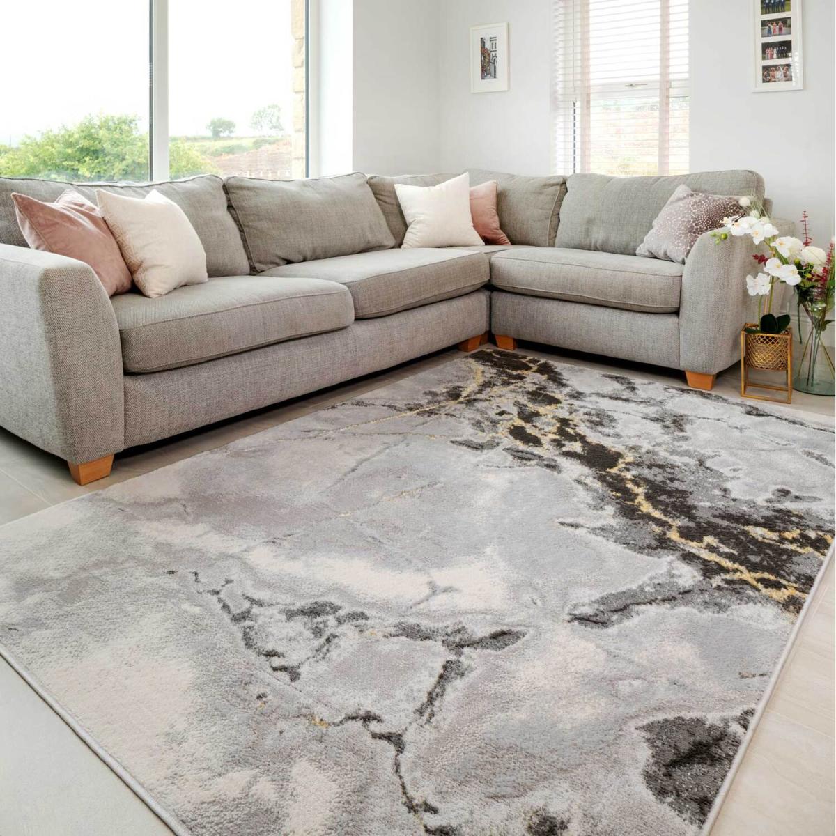 Grey Gold Metallic Modern Textured Marble Area Rug - Grey / 290cm – image 1