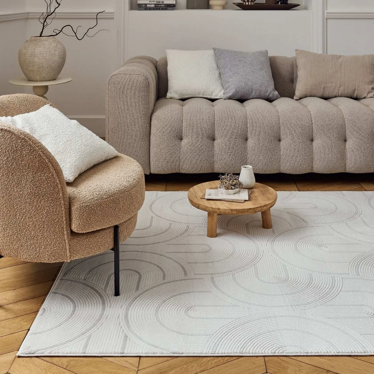 The Rugs Carmel Curved Lines Textured Runner - Cream-Grey β image 2