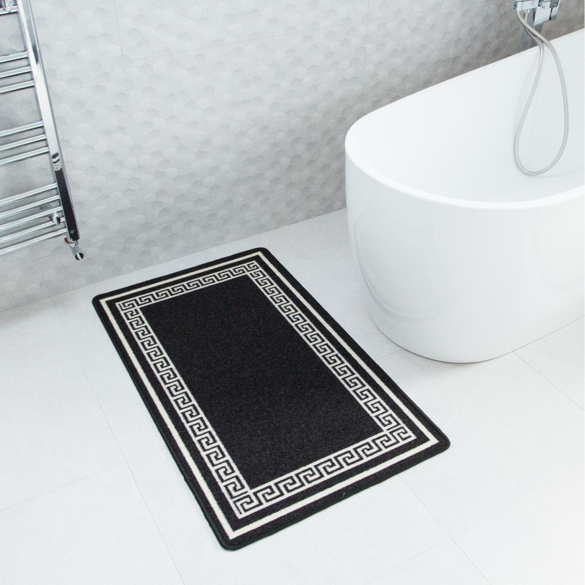 Black White Geometric Bordered Non Slip Washable Kitchen Utility Mat - Black / 110 x 66cm – image 2