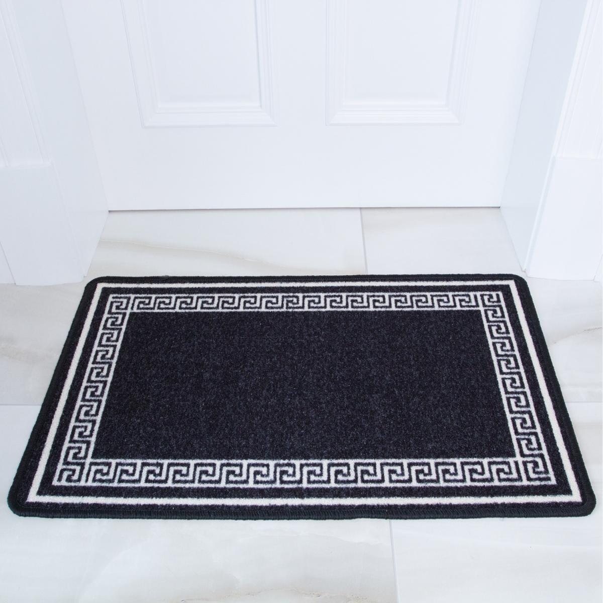 Black White Geometric Bordered Non Slip Washable Kitchen Utility Mat - Black / 110 x 66cm – image 1
