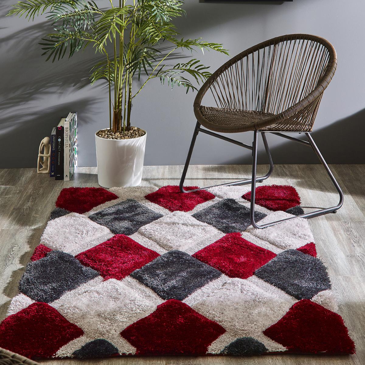 Red Grey Carved Diamond Shaggy Rug - Red / 80cm
