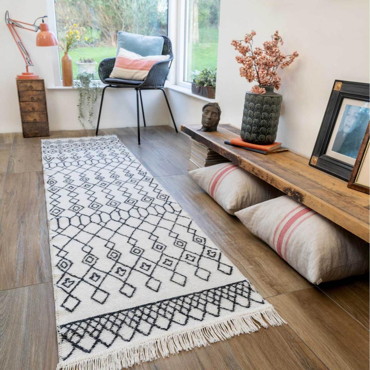 Black White Scandi Geometric Recycled Cotton Reversible Fringed Rug - Black / 240 x 60cm