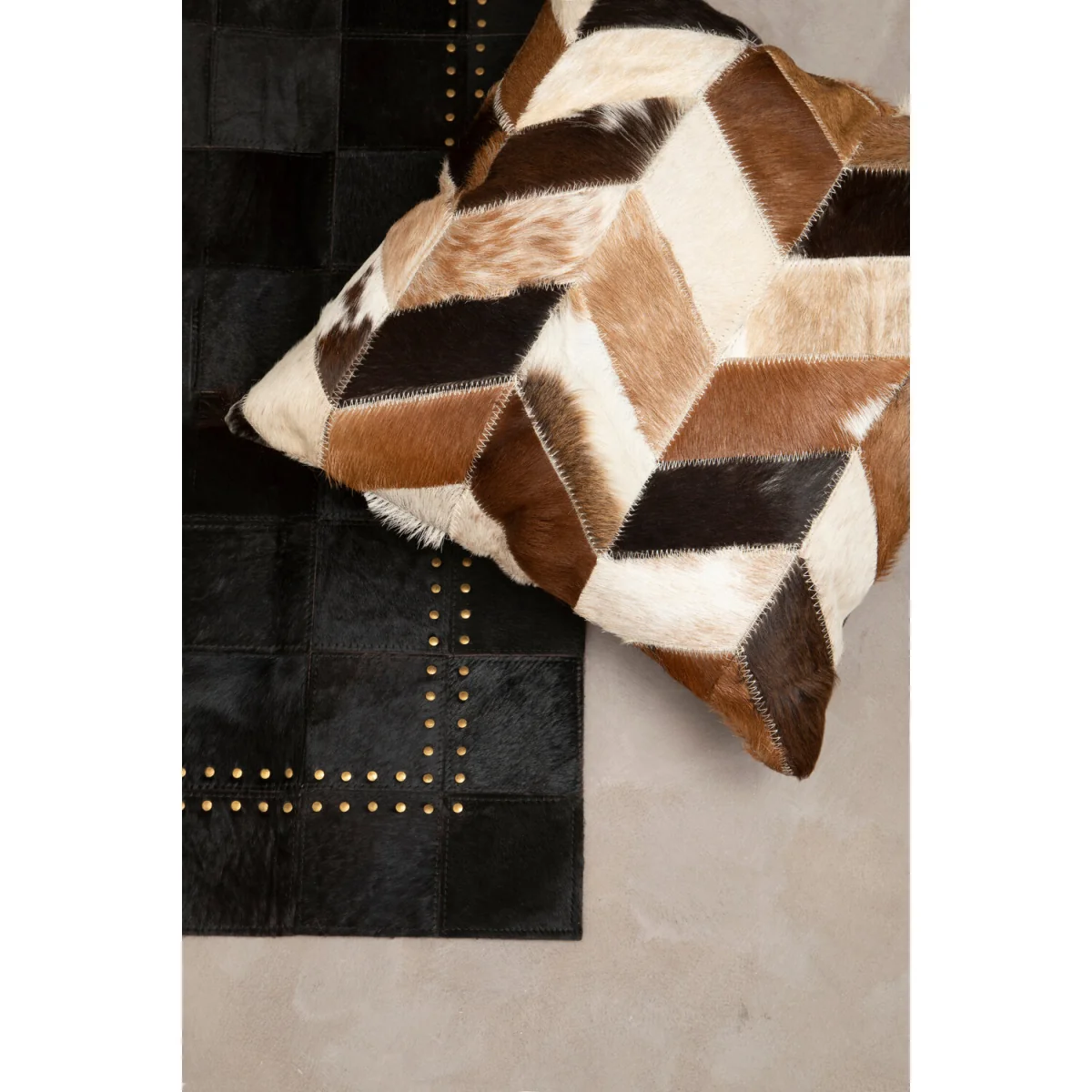 Bosie Safira Large Black Hair on Leather Patchwork Rug With Gold Studs - Black – image 2